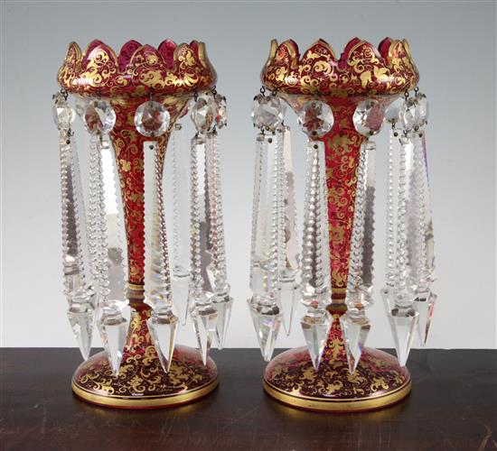 A pair of Bohemian gilt-decorated ruby glass table lustres, late 19th century, 27cm, one with damage